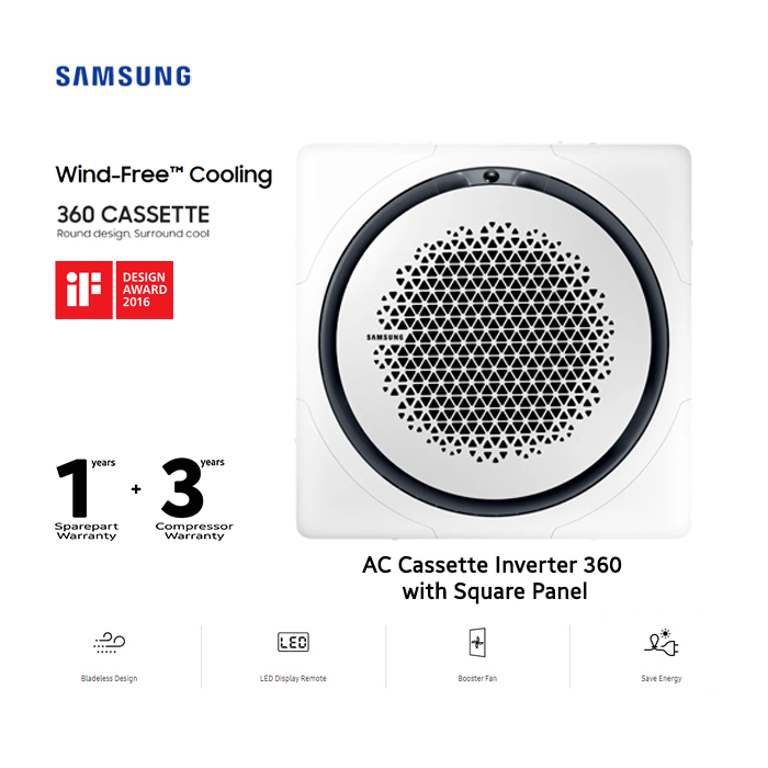 Samsung AC Cassette Inverter 360 Wind-Free Square Panel 5 1/2 PK - Putih ( 3 PHASE ) - AC140TN4PKC/EA3 + PC4NUDMAN