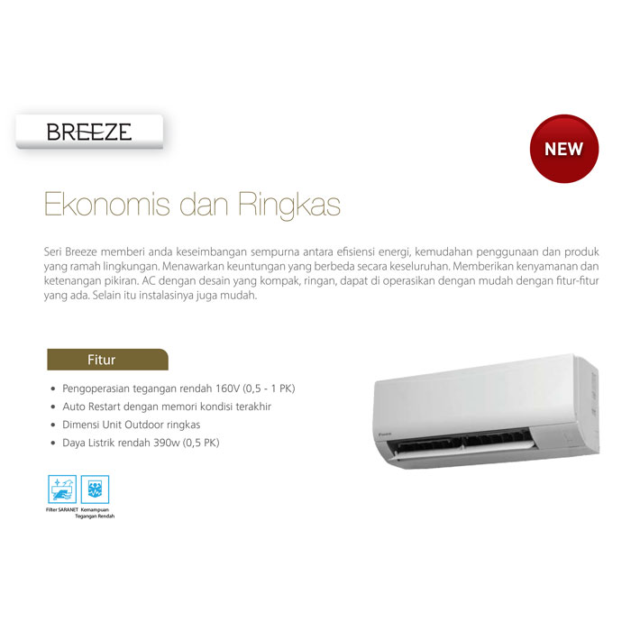 Daikin AC Wall Mounted Split Standard Breeze 1/2 PK - FTP15AV14 + RP15AV14