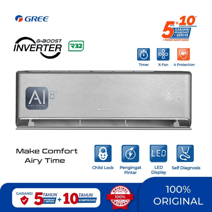 Gree AC Split Inverter Airy Series 2.5 PK Silver - GWC-24AIRY