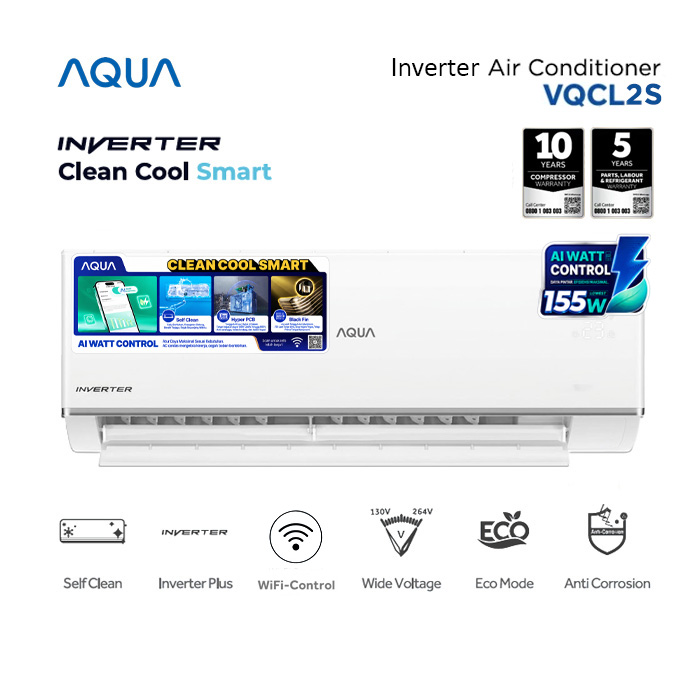 Aqua AC Split 1 1/2 PK Inverter AI Watt Control Clean Cool Smart - AQA-KCR12VQCL2
