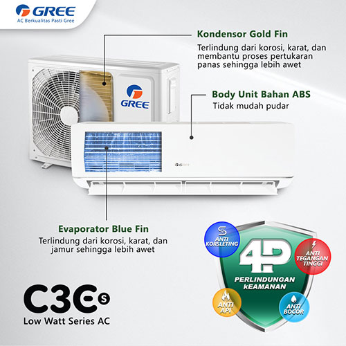 Gree AC Wall Mounted Split Deluxe Low Watt C3ES Series 1/2 PK - GWC 05C3ES