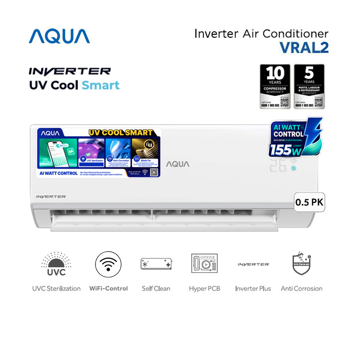 Aqua AC Split 1/2 PK Inverter AI Watt Control UV Cool Smart - AQA-KCR5VRAL2