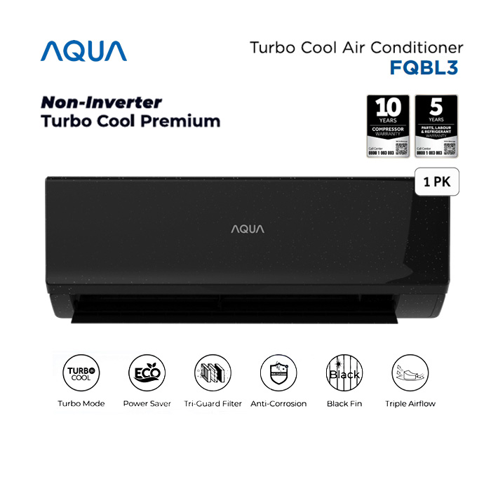 Aqua AC Split 1 PK Standard Black Fin Turbo Cool Series - AQA-KCR9FQBL3