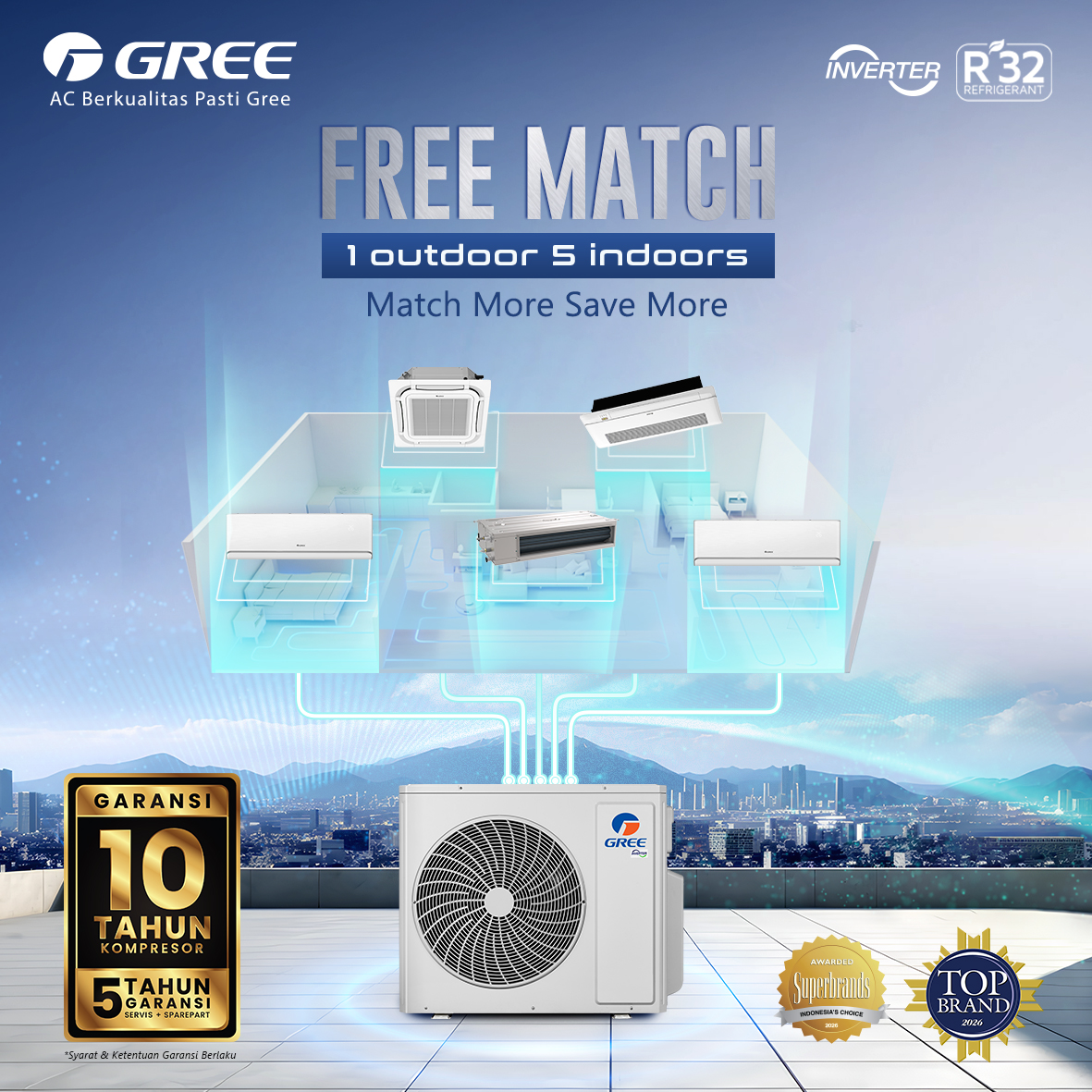Gree AC Multi Split Inverter Free Match 2.5 PK Indoor Cassette 1 Way - GKC-20DA-MCC/I