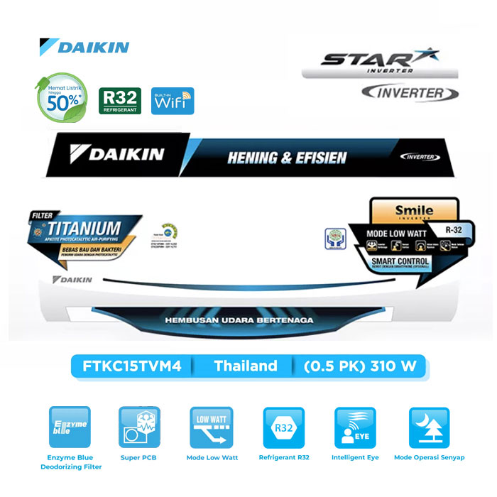 Daikin AC Wall Mounted Split Inverter Star Thailand 1/2 PK - FTKC15TVM4 + RKC15TVM4
