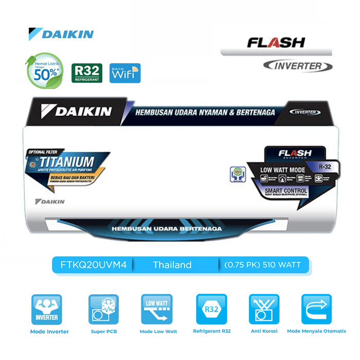Daikin AC Wall Mounted Split Inverter Flash Thailand 3/4 PK - FTKQ20UVM4 + RKQ20UVM4