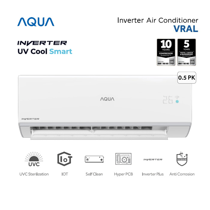 Aqua AC Split 1/2 PK Inverter UV Cool Smart - AQA-KCR5VRA(L)