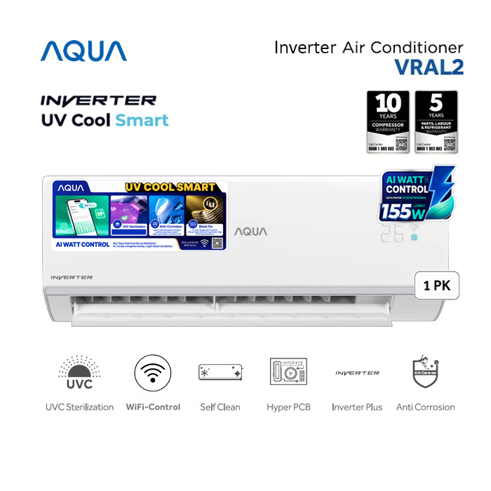 Aqua AC Split 1 PK Inverter AI Watt Control UV Cool Smart - AQA-KCR9VRAL2